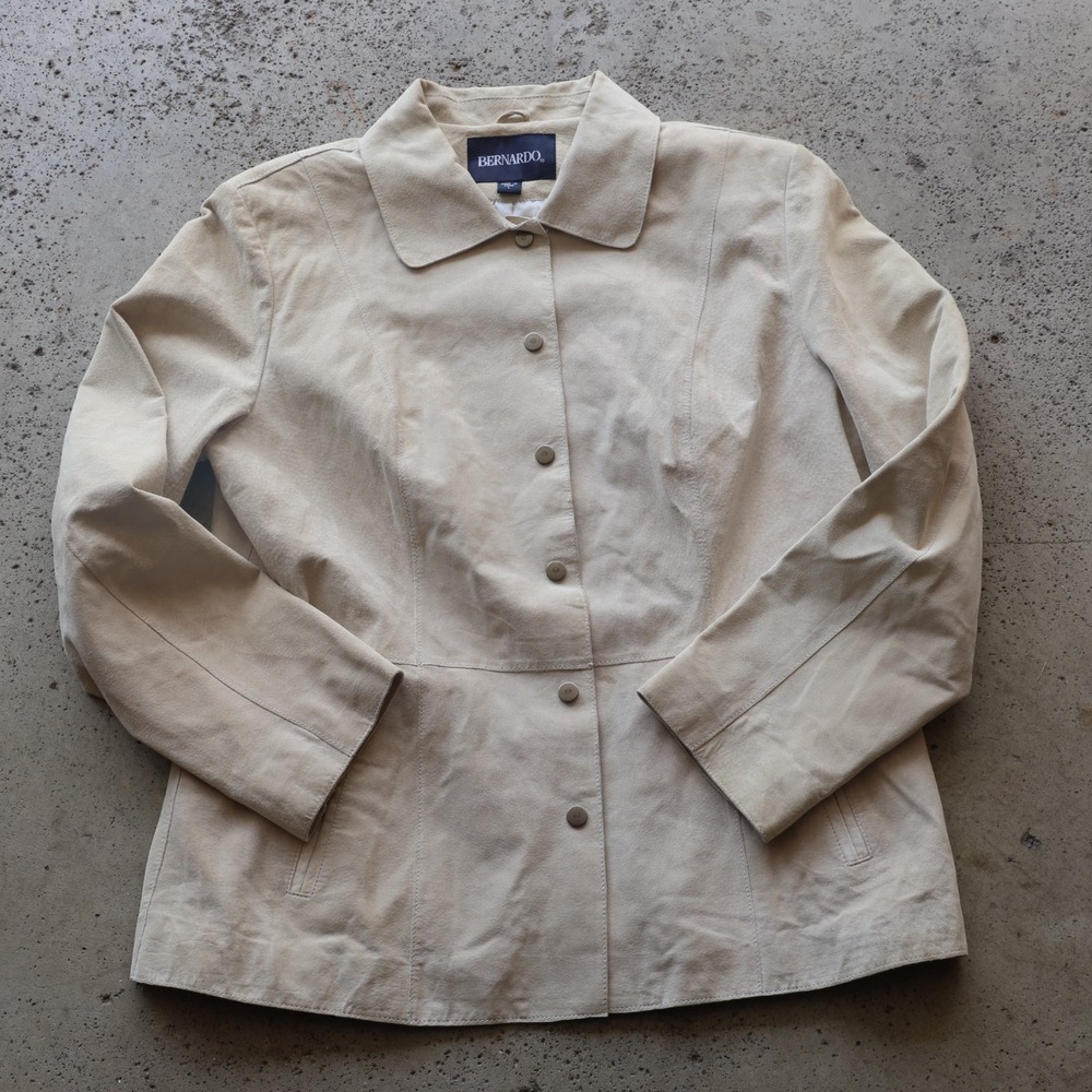 Y2K Bernardo Women's Genuine Leather Jacket Size L Cream Beige Button Front